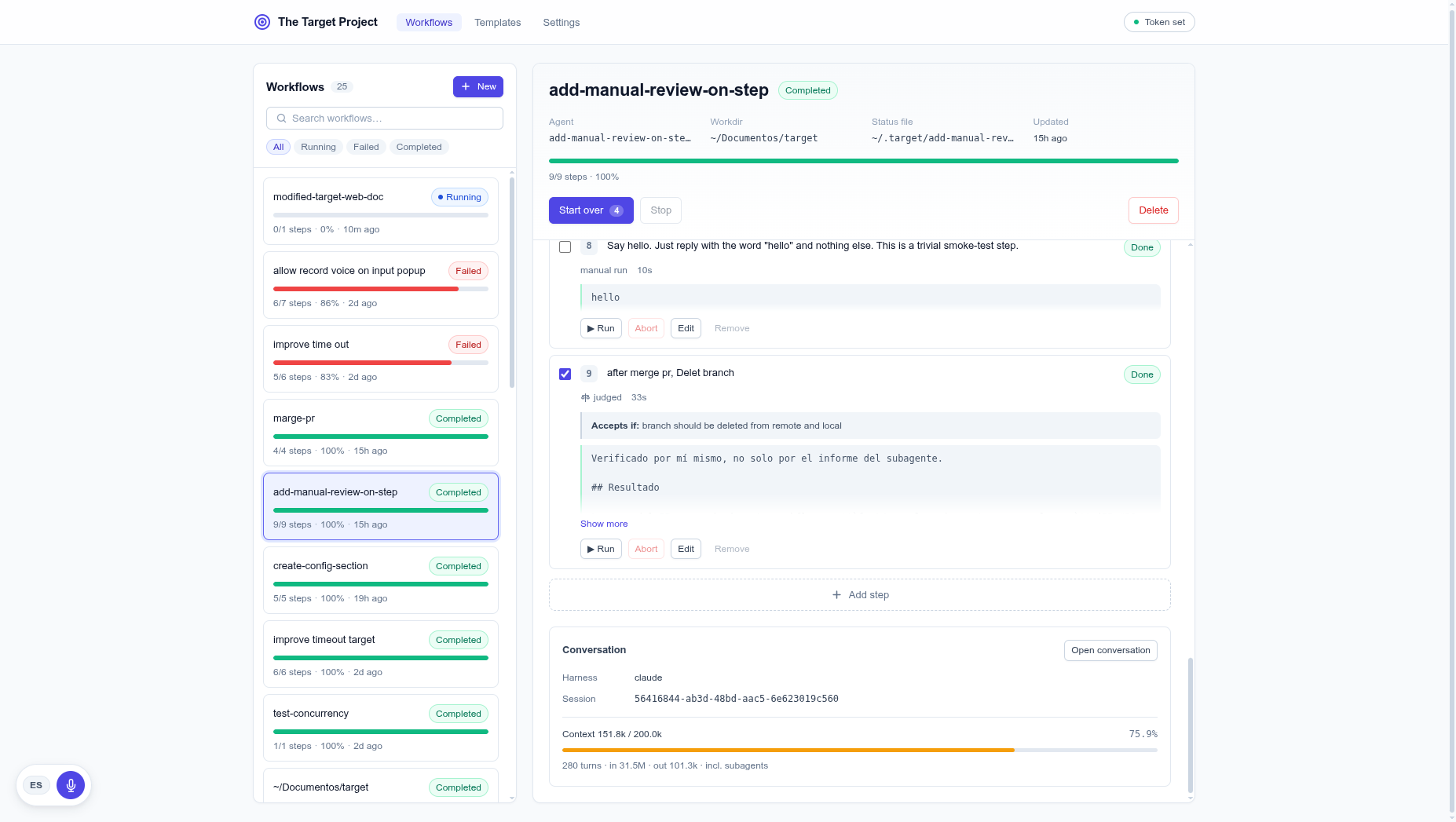 The Conversation block: an Open conversation button, the harness and session id, and a context-window meter showing tokens used out of the window with a percentage.