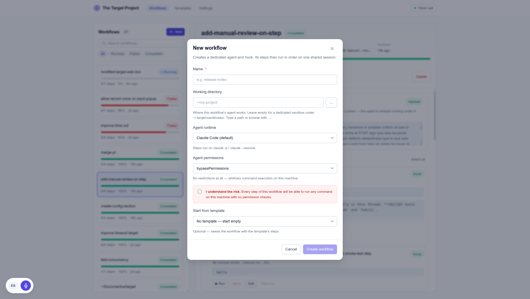 The New workflow dialog with bypassPermissions selected, showing a checkbox that reads I understand the risk. Every step of this workflow will be able to run any command on this machine with no permission checks.