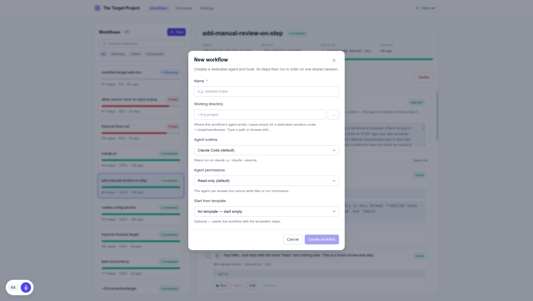 The New workflow dialog: fields for Name, Working directory (with a browse button), Agent runtime, Agent permissions, and Start from template.