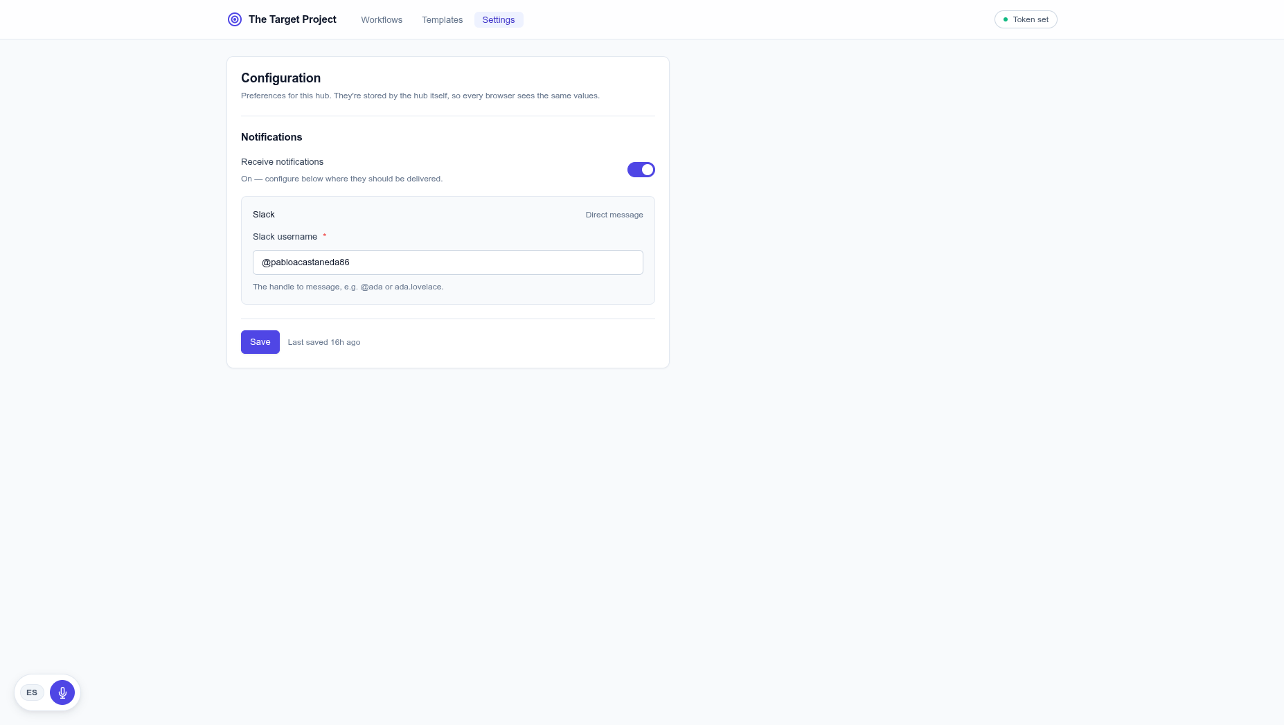 The Settings tab: a Configuration heading, a Notifications section with a Receive notifications switch turned on and a Slack username field.