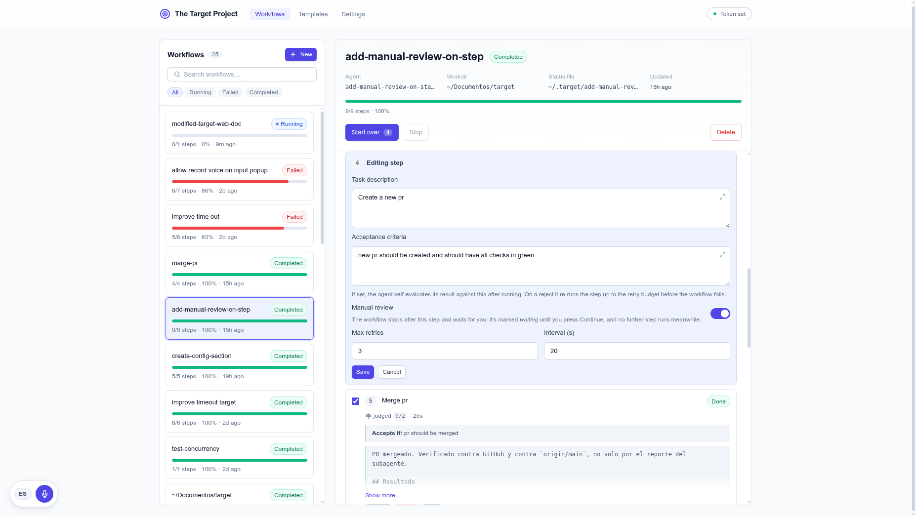 The inline step editor: a task description, an optional acceptance criteria field, a Manual review switch turned on, and Max retries and Interval (s) number fields.