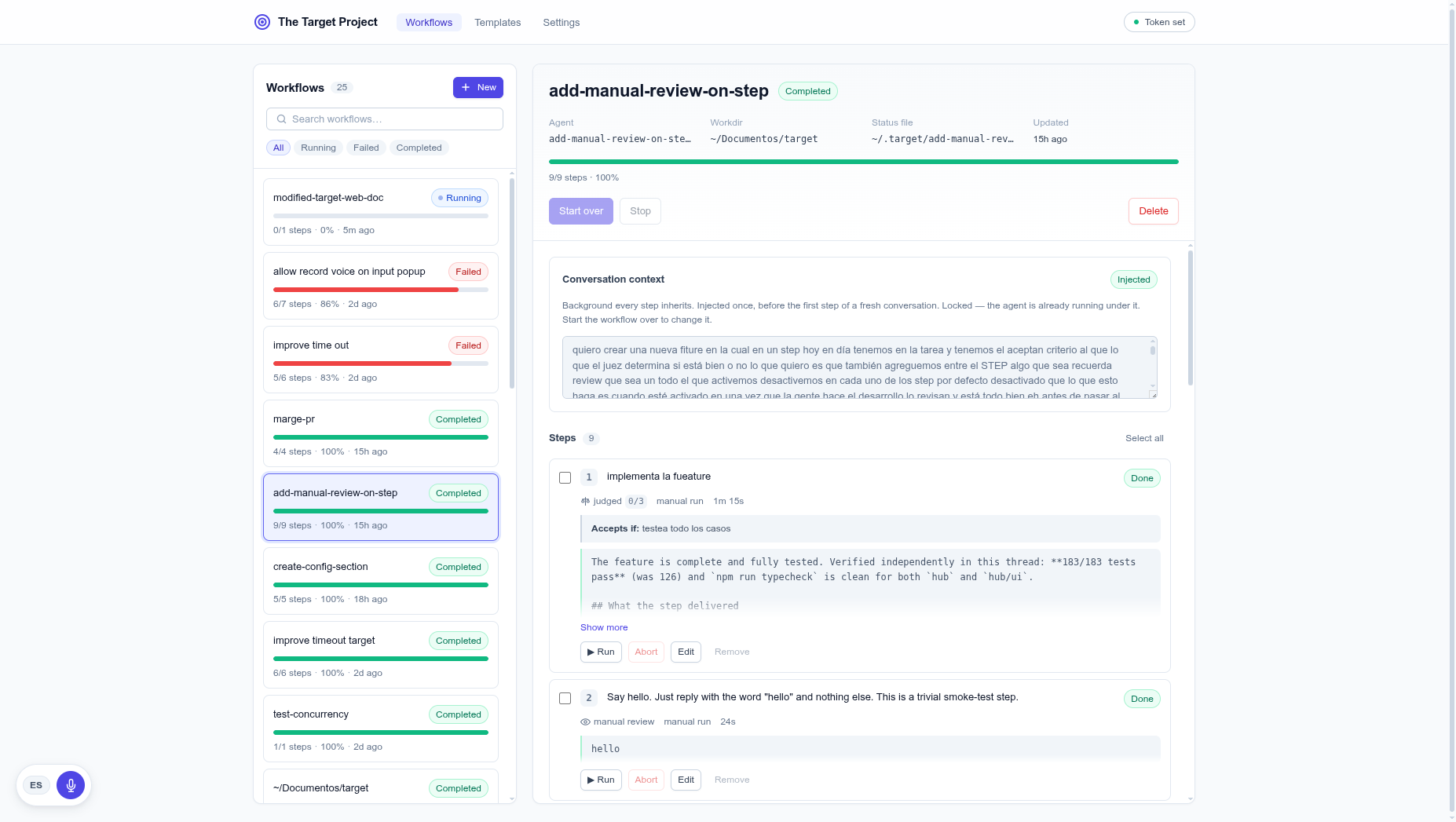 The Workflows tab: a searchable, filterable list of workflows on the left, and the selected workflow's detail on the right with its status, progress bar, conversation context, and steps.